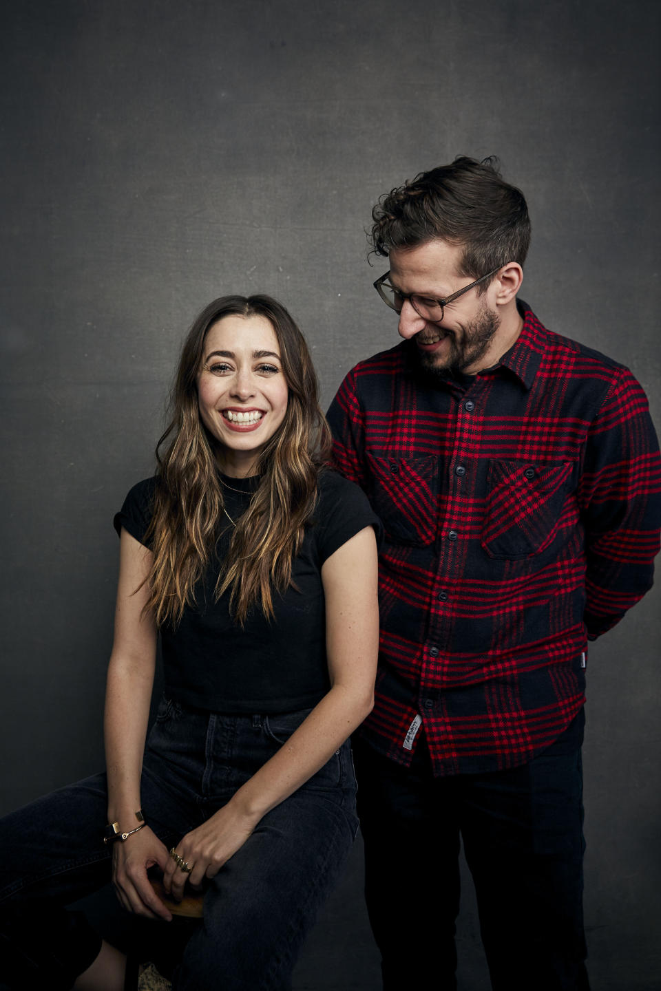 FILE - Cristin Milioti, left, and Andy Samberg pose for a portrait to promote their film "Palm Springs" during the Sundance Film Festival in Park City, Utah, on Jan. 25, 2020. The film will premiere Friday, July 10 on Hulu. (Photo by Taylor Jewell/Invision/AP, File)