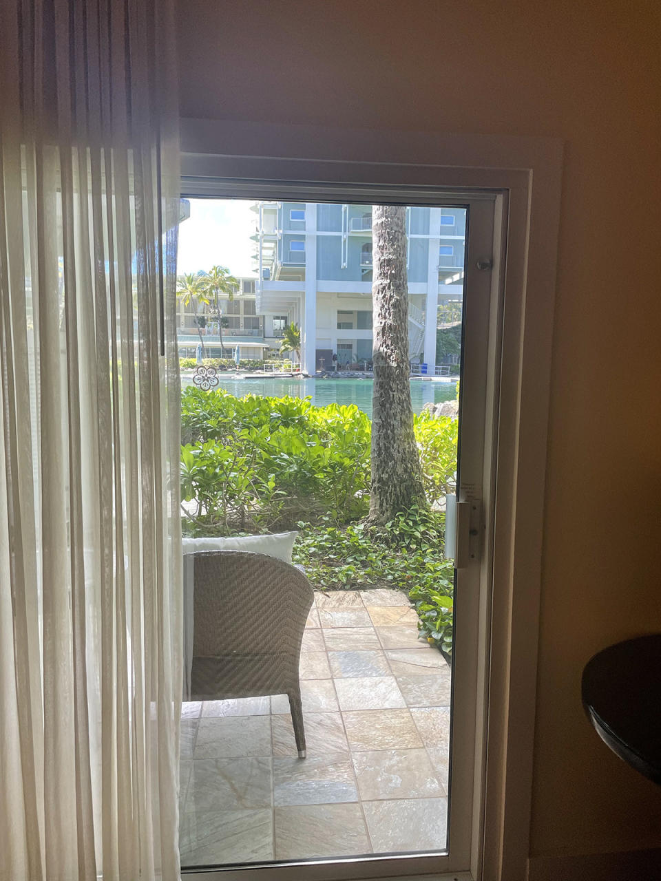 A view out the sliding glass door of the room I stayed, in which overlooks a large pool for the dolphins