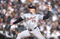 Detroit Tigers starting pitcher Tarik Skubal delivers during the first inning of the Chicago White Sox's home opener baseball game Thursday, March 28, 2024, in Chicago. (AP Photo/Charles Rex Arbogast)