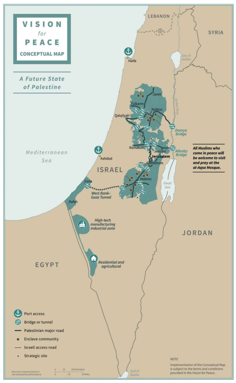 白宮繪製的「中東和平方案」巴勒斯坦概念地圖。