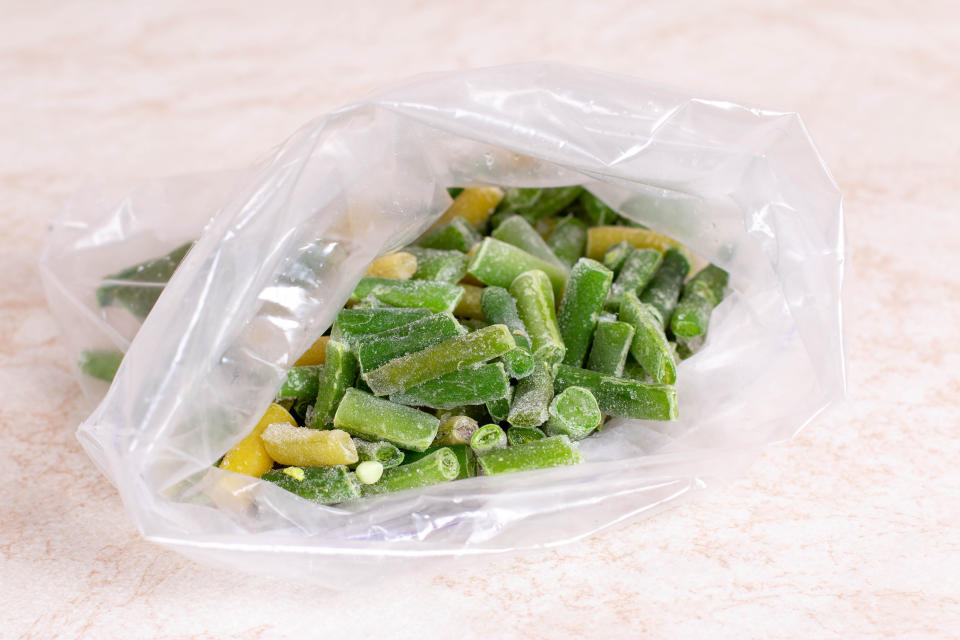 Beans frozen asparagus. Bags with frozen vegetables