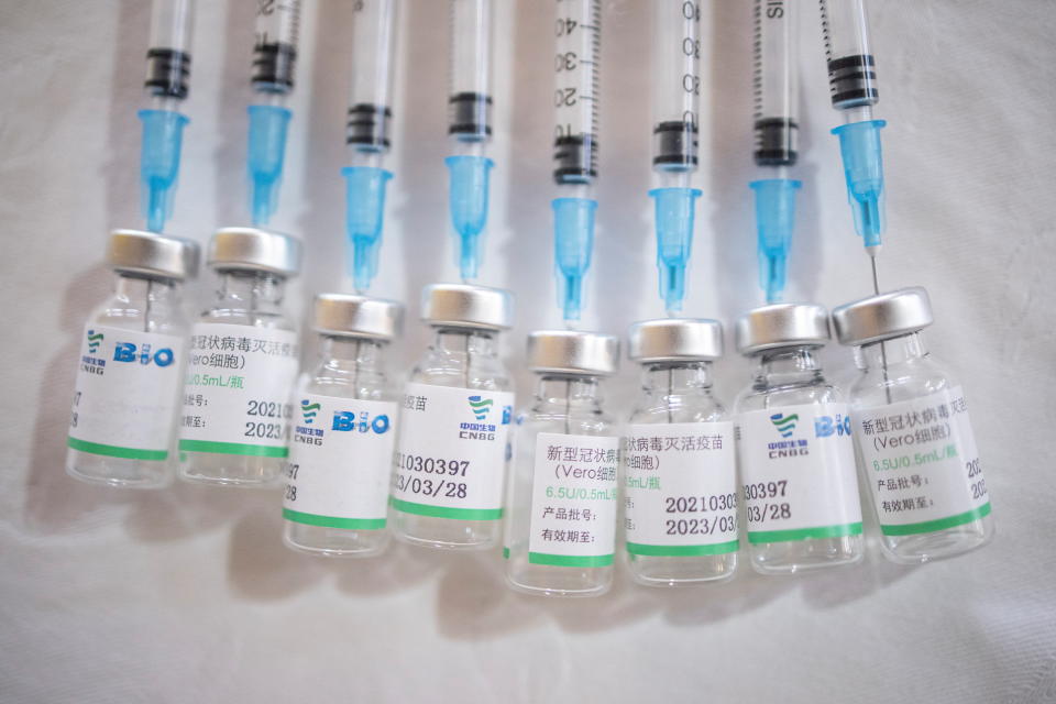 Doses of the Chinese Sinopharm vaccine against the coronavirus disease (COVID-19) are seen at a restaurant in Kragujevac, Serbia, May 4, 2021. At the Biblioteka kod Milutina restaurant whoever decides to get vaccinated is served a free meal on Tuesday, as a one-time offer to promote vaccination and contribute to the reopening of cafes, restaurants and bars. REUTERS/Marko Djurica