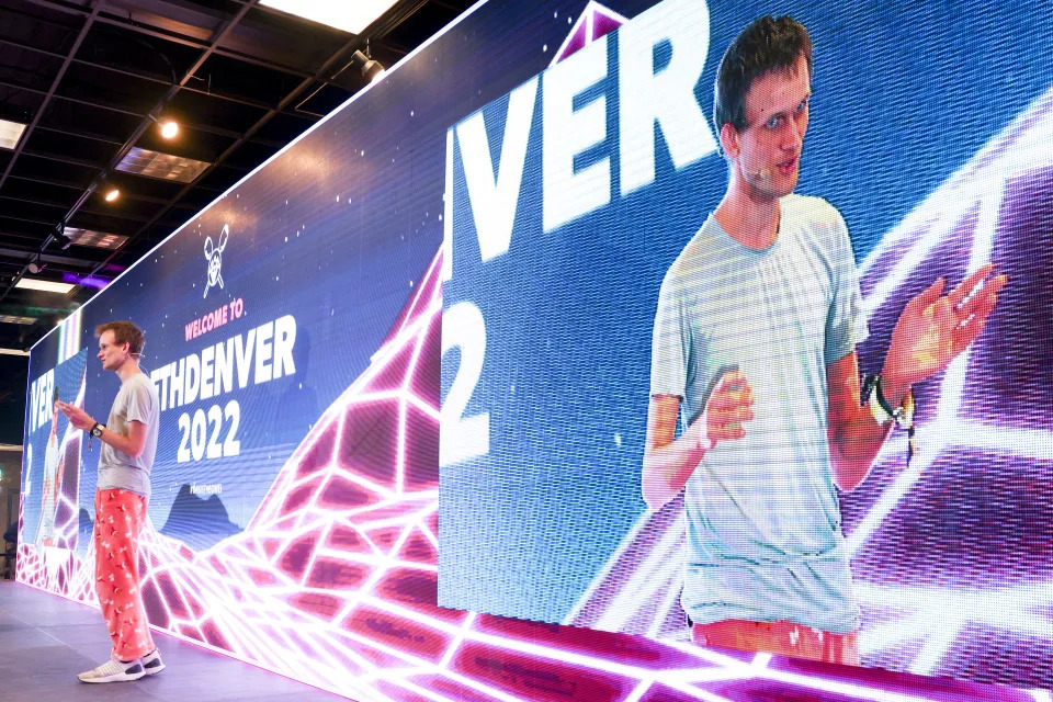 DENVER, CO - FEBRUARY 18: Ethereum co-founder Vitalik Buterin speaks at ETHDenver on February 18, 2022 in Denver, Colorado. ETHDenver is the largest and longest running Ethereum Blockchain event in the world with more than 15,000 cryptocurrency devotees attending the weeklong meetup. (Photo by Michael Ciaglo/Getty Images)