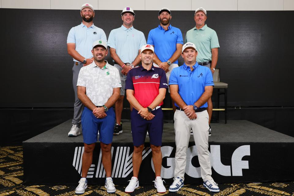 Apr 3, 2024; Miami, Florida, USA; Clockwise from upper left, Masters champions Jon Rahm, Bubba Watson, Dustin Johnson, Phil Mickelson, Patrick Reed, Sergio Garcia and Charl Schwartzel pose for a photograph during a LIV Golf Miami practice round at Trump National Doral. Mandatory Credit: Sam Navarro-USA TODAY Sports