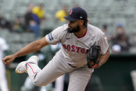 Boston Red Sox pitcher Kenley Jansen throws to an Oakland Athletics batter during the ninth inning of a baseball game Wednesday, April 3, 2024, in Oakland, Calif. (AP Photo/Godofredo A. Vásquez)