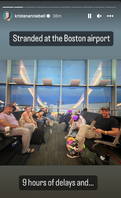 Kristen Bell and her family at the Boston airport. (Instagram story/Kristen Bell)