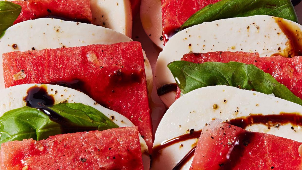 sliced watermelon, mozzarella, and basil drizzled with balsamic