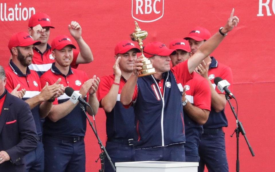 Team USA Captain Steve Stricker holds the Ryder Cup after his team won over team Europe at Whistling Straits, Sunday, September 26, 2021, in Haven, Wis.Gary C. Klein/USA TODAY NETWORK-Wisconsin