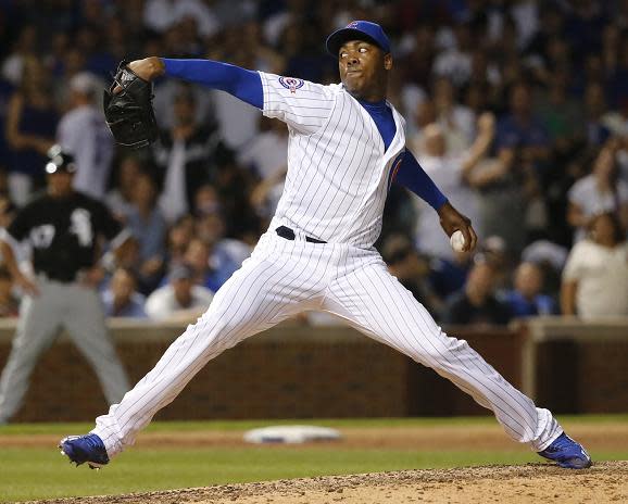 Aroldis Chapman fires a heater during his Cubs debut on Wednesday night. (AP)