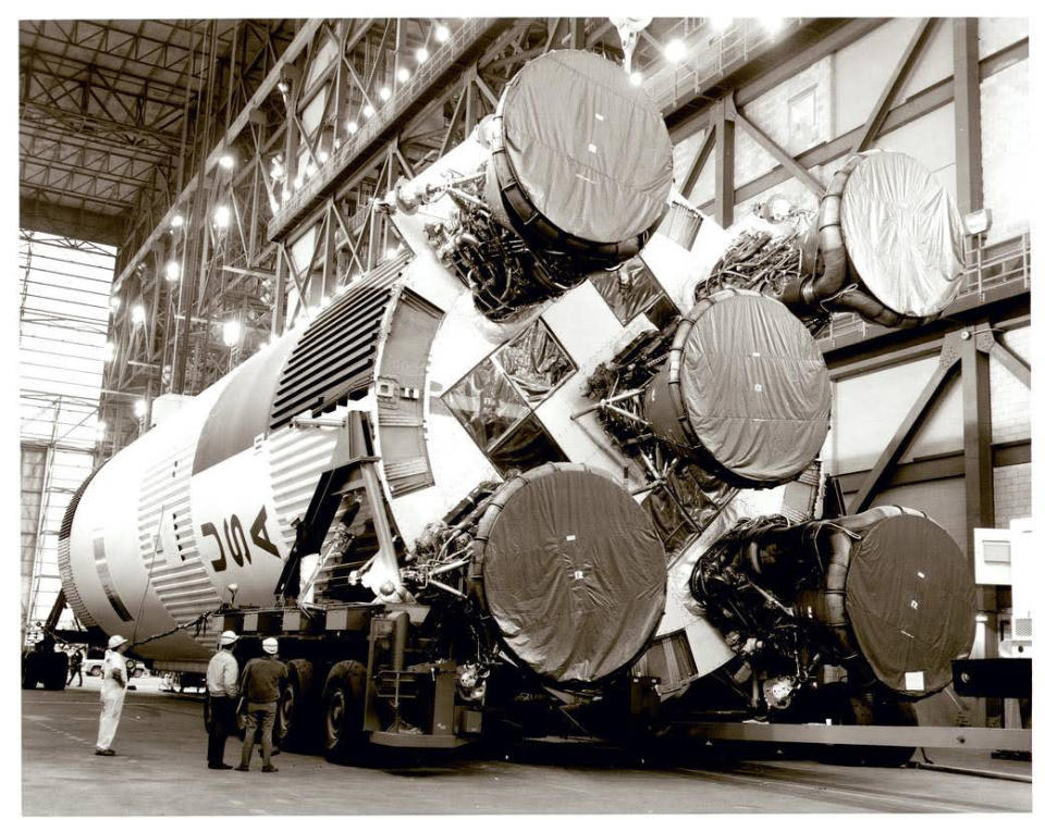 <div class="inline-image__caption"><p>At the Kennedy Space Center in Florida the S-1C booster for the Apollo 11 Saturn V was erected atop its mobile launcher.</p></div> <div class="inline-image__credit">Courtesy of NASA</div>