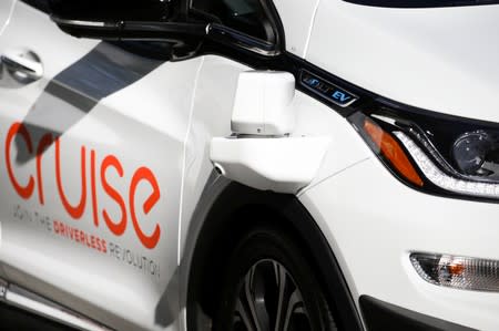 A close up of a Bolt EV car is seen during a media event by Cruise, GM’s autonomous car unit, in San Francisco