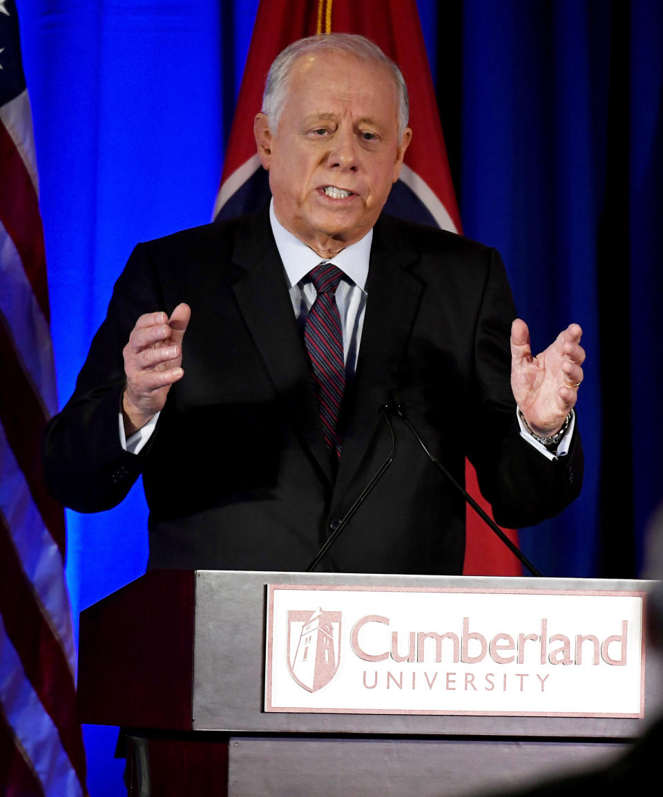 Democratic candidate and former Gov. Phil Bredesen speaks at the 2018 Tennessee U.S. Senate Debate against Republican U.S. Rep. Marsha Blackburn at Cumberland University Tuesday, Sept. 25, 2018, in Lebanon, Tenn. (Lacy Atkins/The Tennessean via AP, Pool)