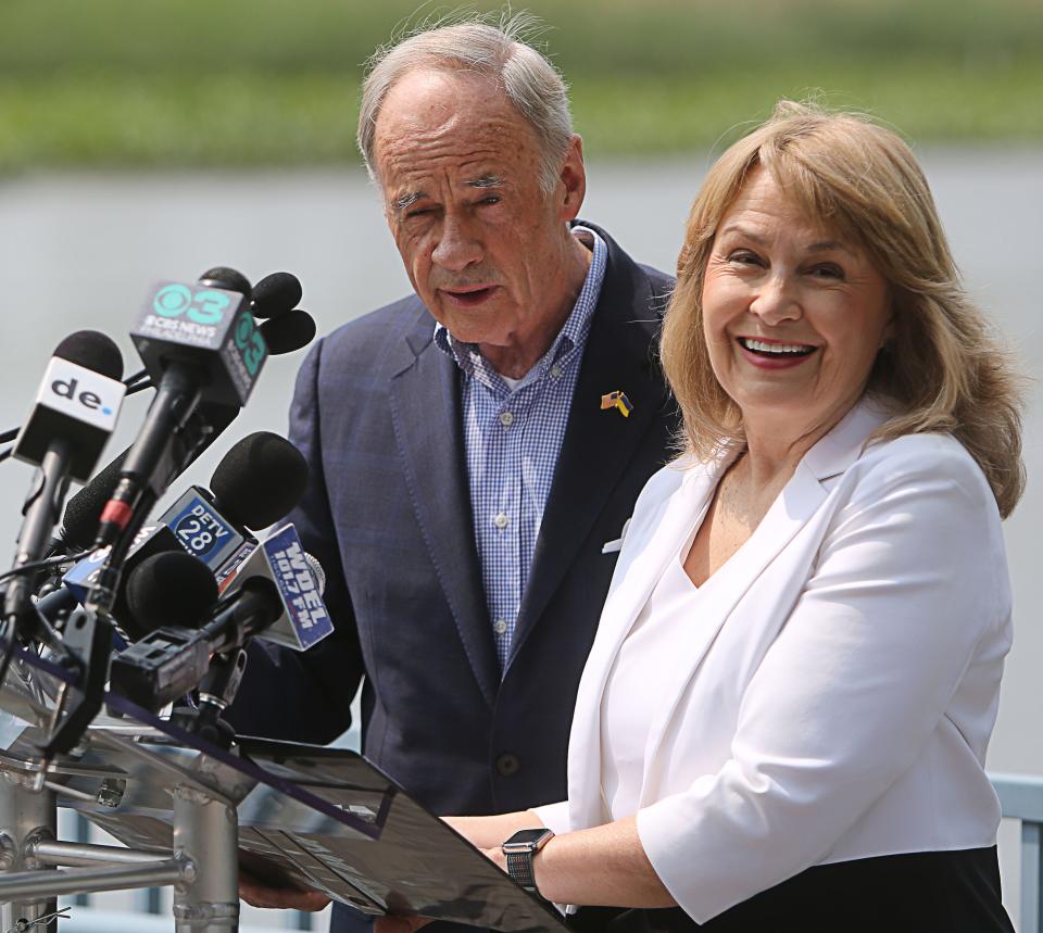 Sen. Tom Carper (left) joined with his wife Martha Carper (right) reads a statement on Monday May 22, 2023 announcing that he will not seek another term as Delaware's United State Senator.