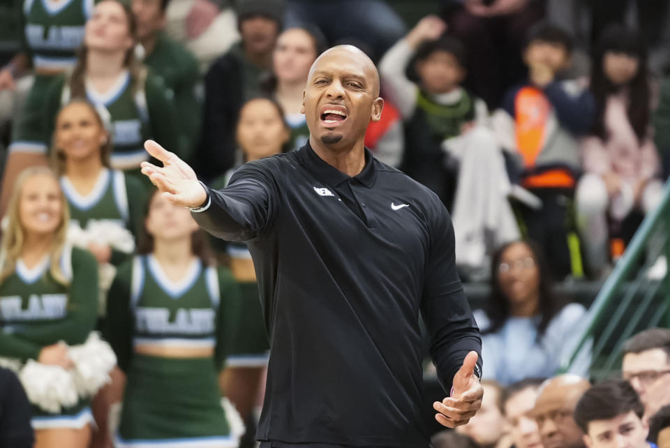 Memphis head coach Penny Hardaway calls out from the bench during the first half of an NCAA college basketball game against Tulane in New Orleans, Sunday, Jan. 21, 2024. (AP Photo/Gerald Herbert)