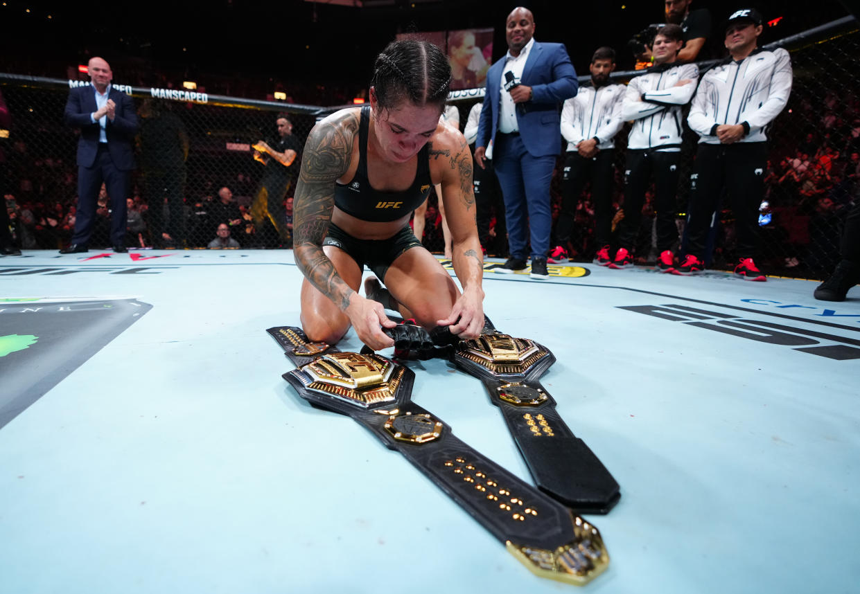 Amanda Nunes of Brazil announces her retirement after her victory over Irene Aldana of Mexico after their bantamweight title fight during the UFC 289 event at Rogers Arena on June 10, 2023 in Vancouver, Canada. (Photo by Jeff Bottari/Zuffa LLC)