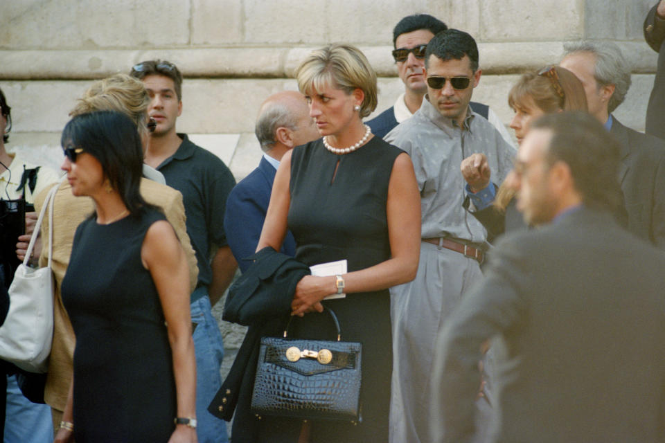 Lady Diana, Princess of Wales, attends the last tribute to Italian fashion designer Gianni Versace at Milan Cathedral (Duomo di Milano). (Photo by Alberto Pizzoli/Sygma/Sygma via Getty Images)