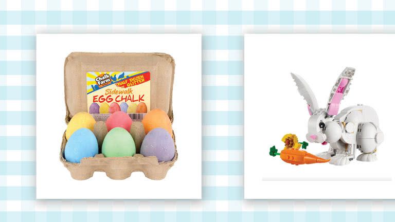 a basket of chalk eggs and a lego rabbit