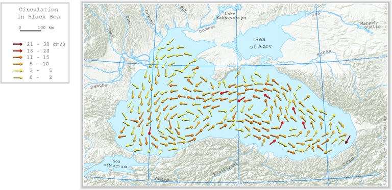 A map of the Black Sea with numerous arrows indicating the direction of water circulation. The arrows largely run counterclockwise.