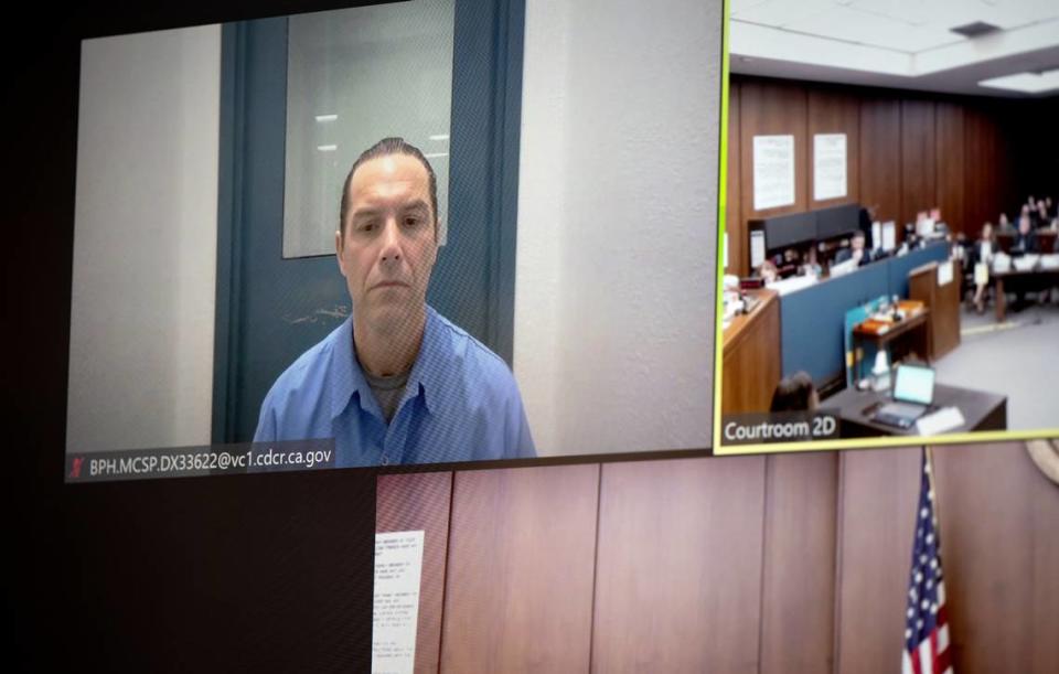 Scott Peterson appears via video call for a status hearing at San Mateo County Superior Court in Redwood City, Calif., Tuesday, March 12, 2024.