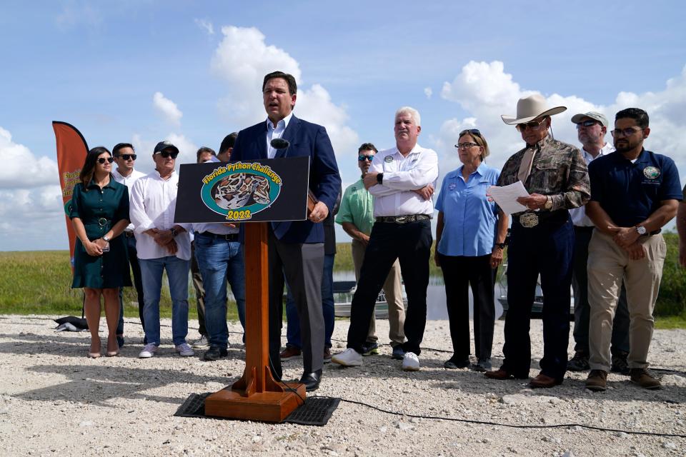 Florida Gov. Ron DeSantis speaks at a media event Thursday where he responded to questions regarding his decision not to request from the federal government COVID-19 vaccination shots for young children.