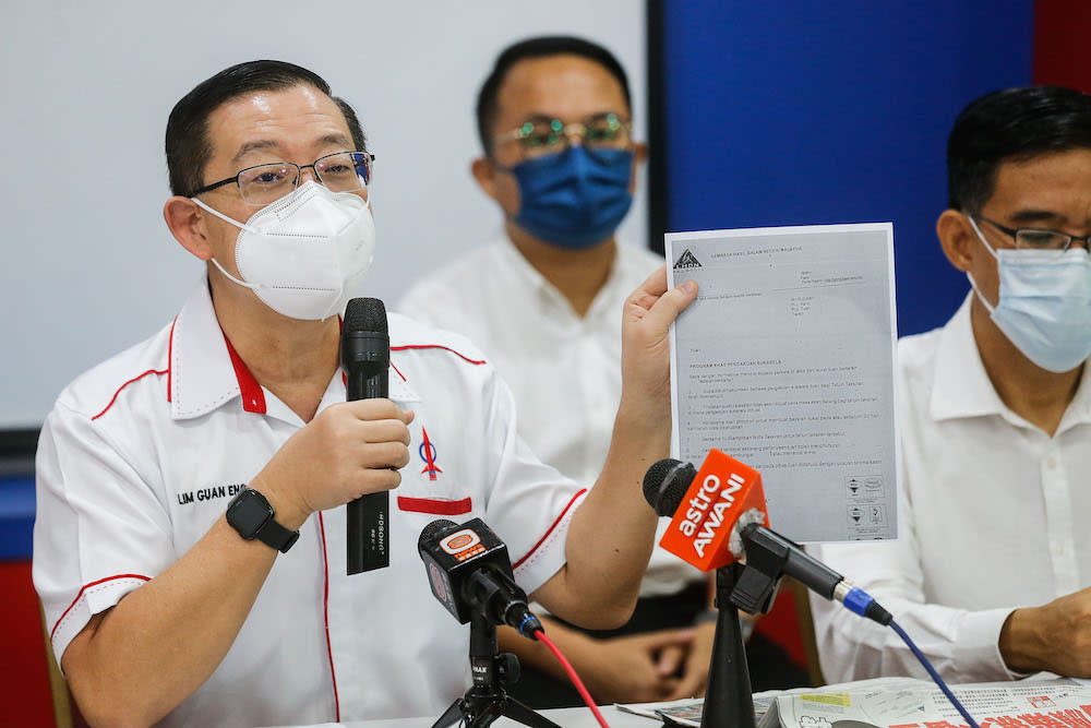 DAP Secretary General Lim Guan Eng speaks to the press at a press conference in Wisma DAP, George Town March 8, 2021. — Picture by Sayuti Zainudin