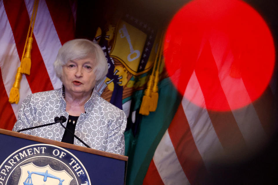 U.S. Treasury Secretary Janet Yellen holds a news conference in the Cash Room at the U.S. Treasury Department in Washington, U.S. July 28, 2022. REUTERS/Jonathan Ernst