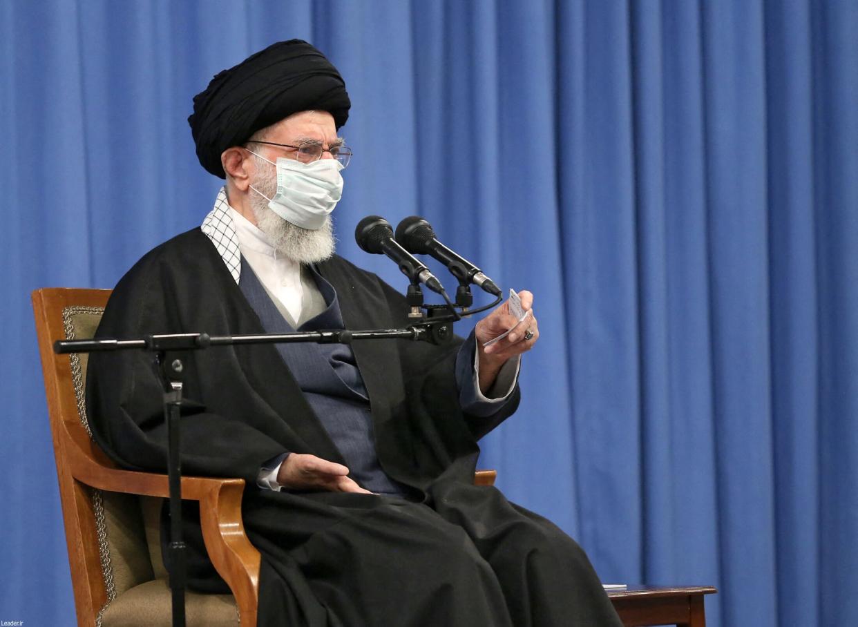 <p>Iran’s supreme leader Ayatollah Ali Khamenei at Monday’s meeting with senior regime officials</p> (Getty)