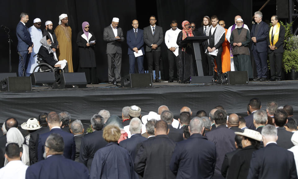 Members of the Christchurch Muslim community read the names of the dead during a national remembrance service for the victims of the March 15 mosques terrorist attack in Christchurch, New Zealand, Friday, March 29, 2019. (AP Photo/Mark Baker)