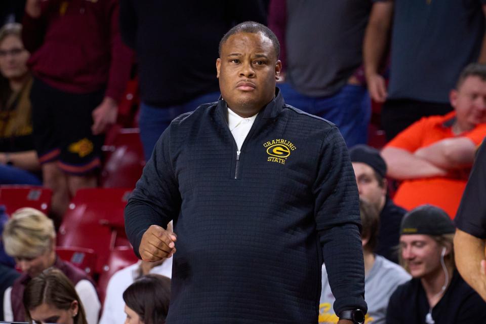 Grambling State Tigers head coach Donte' Jackson watches as his team faces the Arizona State Sun Devils at Desert Financial Arena on Tuesday, Nov. 22, 2022.