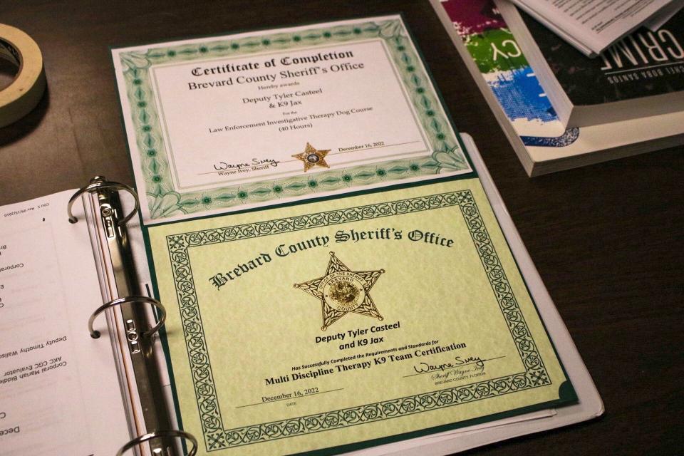 Deputy Tyler Casteel and his K-9 Jax's certification of completion for the training program in Florida. Both Jax and Piper are nationally certified as therapy dogs.