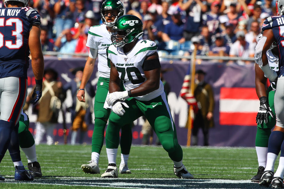 New York Jets offensive guard Kelechi Osemele (70) had surgery Friday, as he promised. (Getty Images)