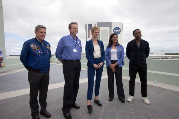 L to R: Bob Cabana, center director; Jim Green, Ph. D., NASA Planetary Science Division director; Mackenzie Davis, an actress who portrays Mindy Park in "The Martian"; Nicole Stott, a retired NASA astronaut and Chiwetel Ejiofor, an actor who po