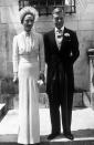 <p>Wallis Simpson was an American socialite who intended to marry the British King Edward VIII. Because of her non-royal status and first marriage that ended in divorce, the king was forced to abdicate his throne in order to marry her. Wallis wore a subtle, blue dress to their wedding, which none of Edward's family attended.</p>