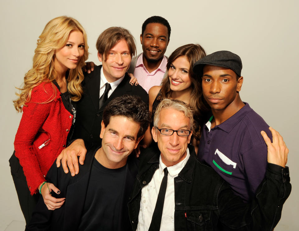 NEW YORK, NY - APRIL 22: Actress Sabina Gadecki, actor Crispin Glover, writer/director Charles Matthau, actor Michael Jai White, actor Andy Dick, actress Breanne Racano and actor Leonard Robinson of the film 'Freaky Deaky' visits the Tribeca Film Festival 2012 portrait studio at the Cadillac Tribeca Press Lounge on April 22, 2012 in New York City. (Photo by Larry Busacca/Getty Images)