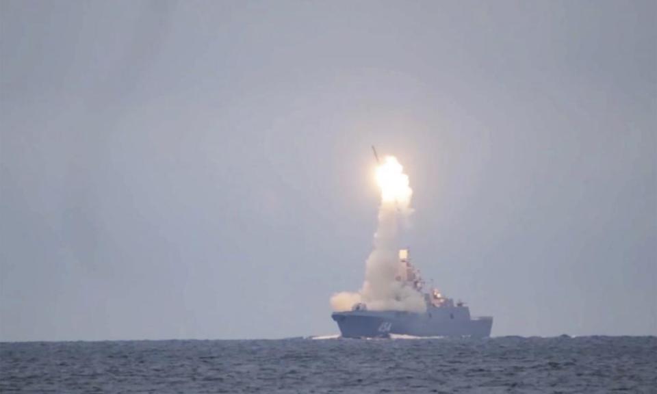 A Russian Zircon hypersonic cruise missile is launched from the Admiral Groshkov frigate, in the White Sea, north of Russia, in October 2020.