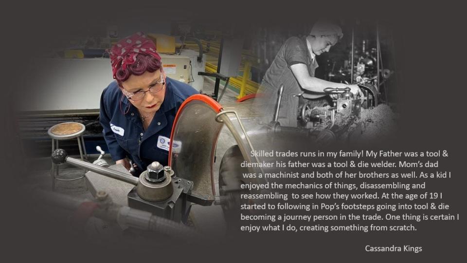 Ford's Woodhaven Stamping plant tool and die maker, Cassandra Valentine, dressed as Rosie the Riveter as she operates a lathe, similar to women in WWII. Valentine has been in the trades industry for over 30 years.