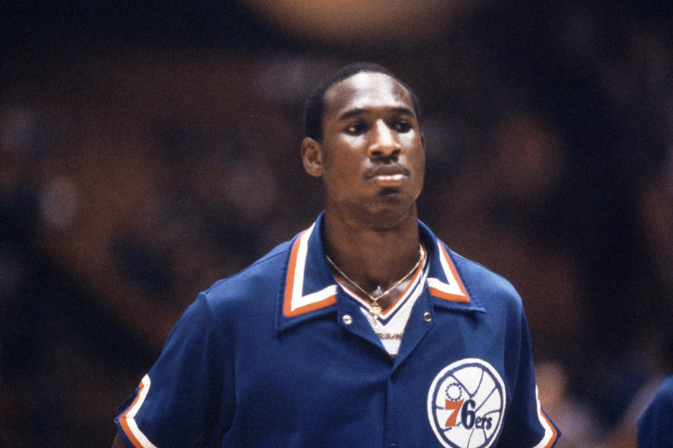 FILE - This 1980 photo shows Darryl Dawkins, basketball player with Philadelphia 76ers. Bill Willoughby helped pave the way for future prep stars when he and Dawkins became the first high school players selected in the NBA draft, both in 1975. (AP Photo/Gene Puskar, File)