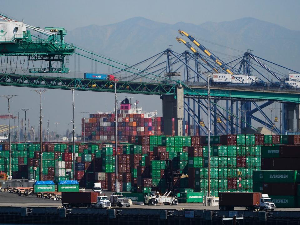 Containers stacked up at the Port of Los Angeles in Los Angeles.