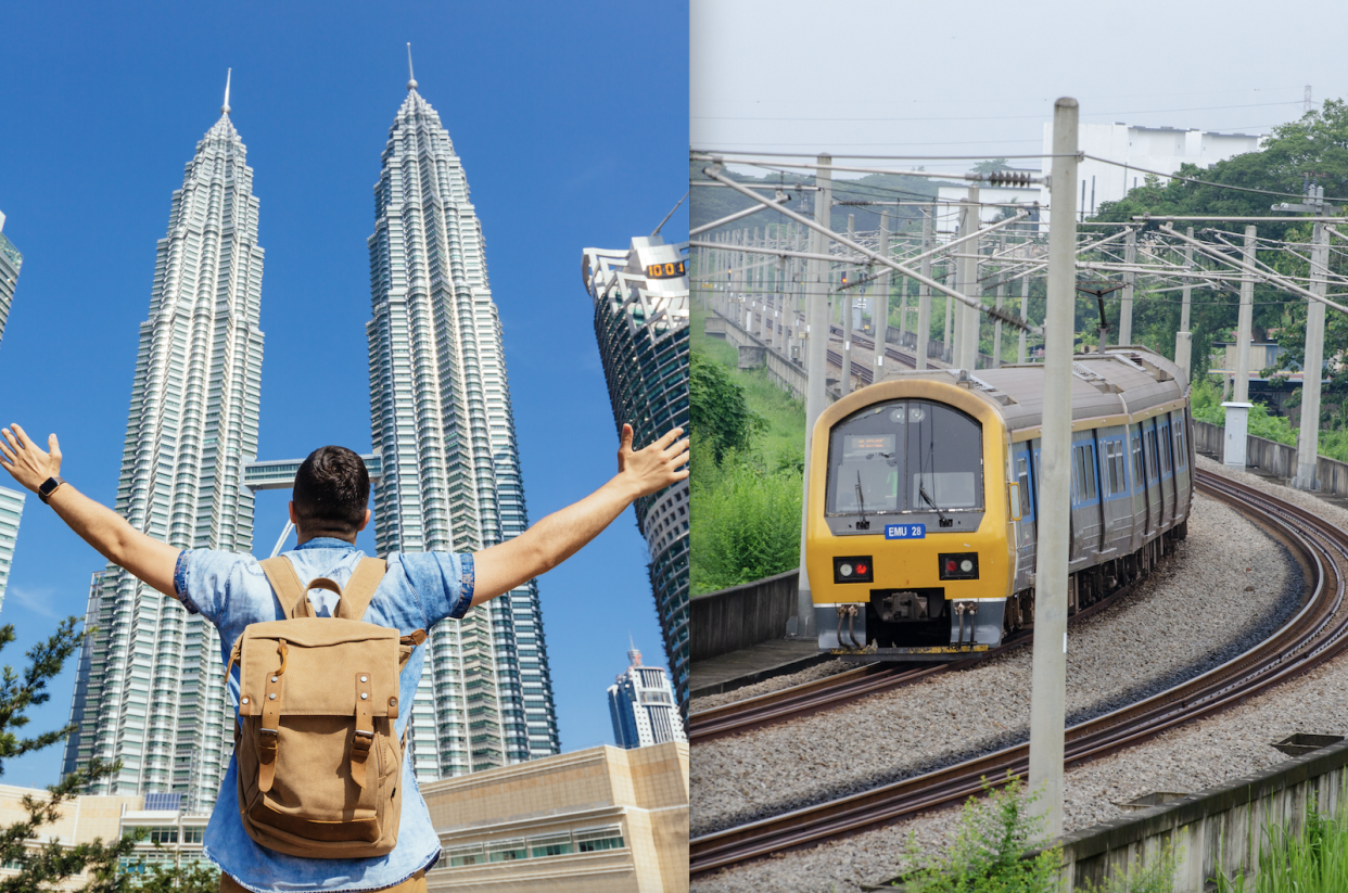 a composite image of a man standing in from of Malaysia's Petronas Twin Towers and a KTM train.