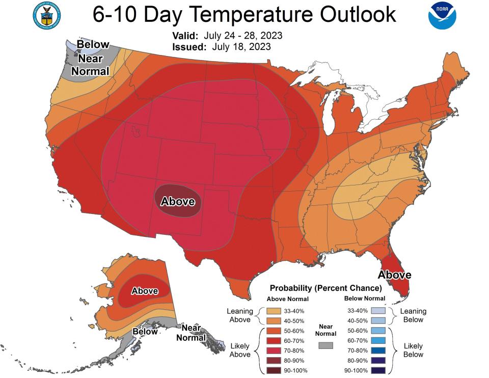 The forecast map for July 24-28 shows above-average temperatures are likely across most of the nation.