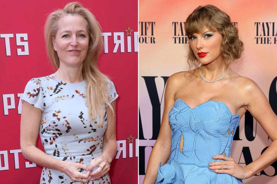 <p>getty (2)</p> (L-R) Gillian Anderson and Taylor Swift