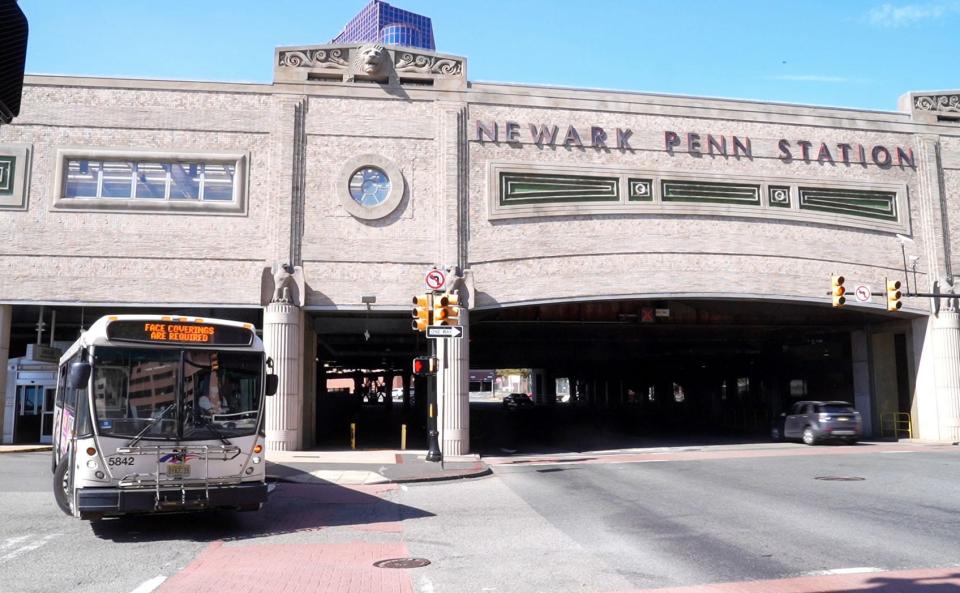 A New Jersey Transit bus pulls out of Newark Penn Station across the street from NJ Transit headquarters on Monday, Sept. 27, 2021, in Newark.