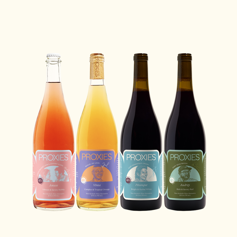 <p>Courtesy of Proxies</p><p>Not to brag, but Proxies have some pretty fancy friends. Among them: James Beard Award-winning chefs Dominique Crenn, Sean Brock, Beverly Kim, Johnny Clark, and sommelier Miguel de Leon. Each joined on to create a custom blend, now available in this exclusive four-pack.<br> <br> Taste all four limited-edition Proxies—a high-acid white, savory sparkling rosé, textured orange, and a full-bodied red—and tell us you don’t think this lineup is a contender for an award of its own.</p><p><strong>Amuse</strong> - A collaboration with chefs Beverly Kim and Johnny Clark, of Parachute and Anelya in Chicago. Chef Beverly wanted capture joy in a bottle; chef Johnny was focused on diversity of flavor, and the marriage of fruit, texture, acid and tannin. Together, they drew from the flavor mosaic of Korean cuisine to create an effervescent, celebratory blend that’s even better paired with friends and family.</p><p><strong>Vinta</strong> - Vinta is made in collaboration with award-winning sommelier Miguel de Leon. Orange in color, texture, and style, Vinta draws inspiration from the golden glow, intense aromatics and tannic structure of skin contact wines. To honor Miguel’s Filipino roots, Vinta marries tropical fruit with citrus, tea, and pandan.</p><p><strong>Pétanque</strong> - Made with chef Dominique Crenn, Pétanque’s linear backbone—from Riesling, verjus and yuzu—is rounded out with floral notes and herbal depth. Underscored by a trio of teas, the midpalate leans into honeysuckle, osmanthus and sage, while makrut lime lingers on the finish, daring you to take another sip.</p><p><strong>Audrey</strong> - Developed in collaboration with celebrated chef Sean Brock, this richly layered red featuring tart elderberries bolstered by Appalachian roots and spices draws inspiration from the elderberry wine Brock’s grandmother made every year in her home kitchen.</p><p><a href="https://drinkproxies.com/products/proxies-james-beard-award-winners?variant=44213897658602" rel="nofollow noopener" target="_blank" data-ylk="slk:Click here to purchase;elm:context_link;itc:0;sec:content-canvas" class="link ">Click here to purchase</a></p>
