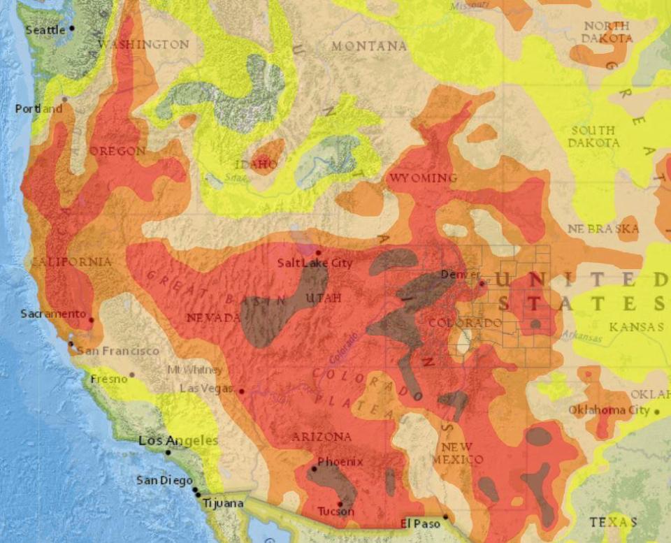 Areas of drought in the Western U.S. in 2020. Darker colors represent more extreme drought conditions. / Credit: Drought.gov