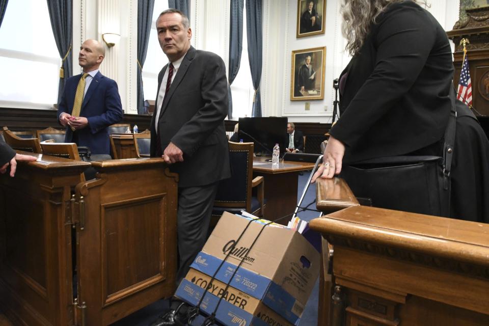 Kyle Rittenhouse defense team Corey Chirafisi, Mark Richards, and Natalie Wisco, arrive before the start of Rittenhouse's trial at the Kenosha County Courthouse in Kenosha, Wis., on Wednesday, Nov. 3, 2021. Rittenhouse is accused of killing two people and wounding a third during a protest over police brutality in Kenosha, last year. (Mark Hertzberg /Pool Photo via AP)