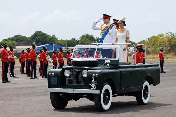 <div class="inline-image__caption"><p>Catherine, Duchess of Cambridge and Prince William, Duke of Cambridge ride in a Land Rover as they attend the inaugural Commissioning Parade for service personnel from across the Caribbean with Prince William, Duke of Cambridge, at the Jamaica Defence Force on day six of the Platinum Jubilee Royal Tour of the Caribbean on March 24, 2022 in Kingston, Jamaica.</p></div> <div class="inline-image__credit">Pool/Samir Hussein/WireImage</div>