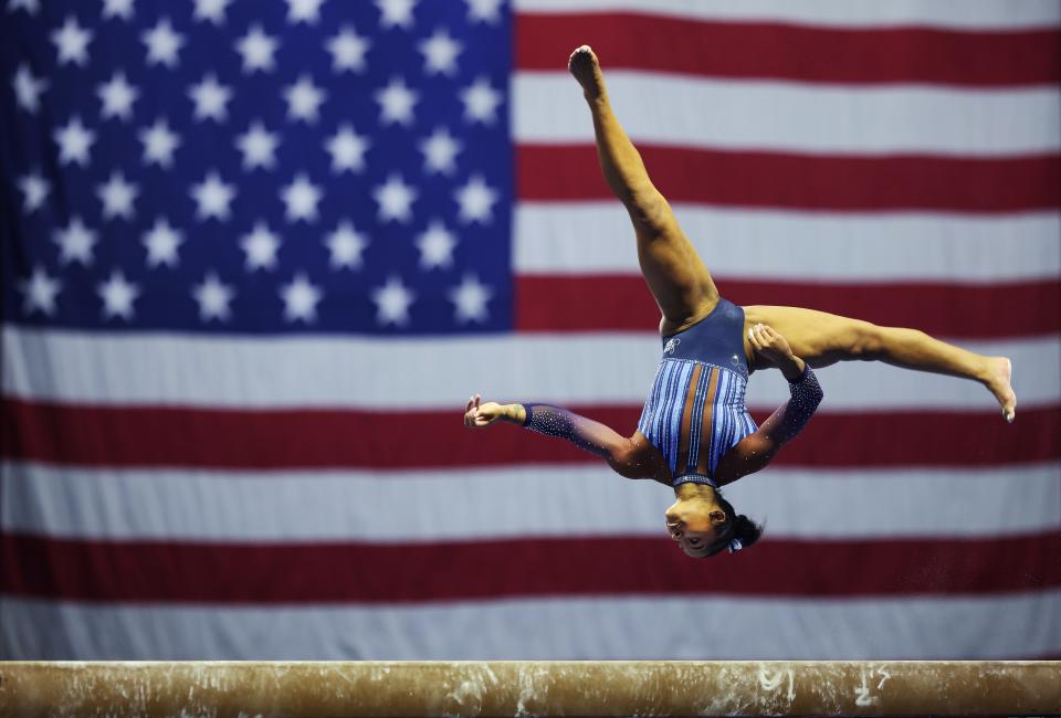 Jordan Chiles competes on the balance beam during the Senior Women's 2021 Winter Cup at the Indiana Convention Center on February 27, 2021, in Indianapolis, Indiana.
