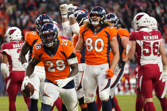 Denver Broncos running back Latavius Murray (28) walks on the sidelines  before the second half of an NFL football game against the Tennessee Titans  Sunday, Nov. 13, 2022, in Nashville, Tenn. (AP