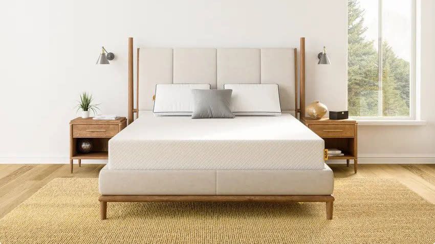 Image shows the Nolah Original 10 Mattress on a beige bedframe and placed on a jute rug