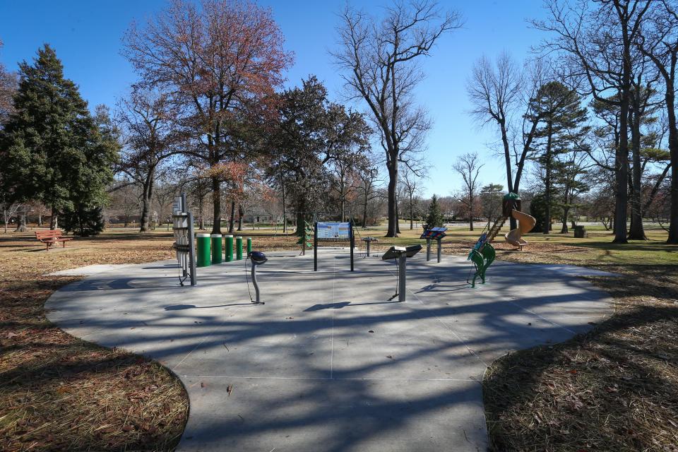 The Roseann Bentley Musical Playground at Phelps Grove Park on Wednesday, Nov. 22, 2023. The playground features eight outdoor-grade musical instruments and a new concrete sidewalk and pad. Three benches, natural stone edging and a flower bed will be added soon.